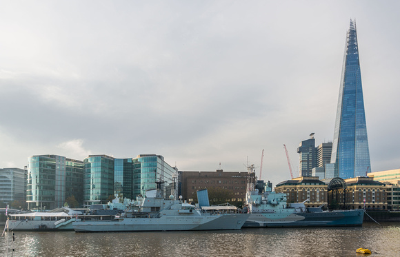 HMS Severn and HMS Belfast in The Pool of London.