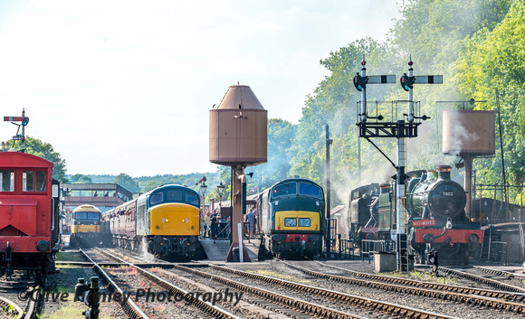 A line up at Bewdley features 47712, 45041, D832, 1501 & 7802