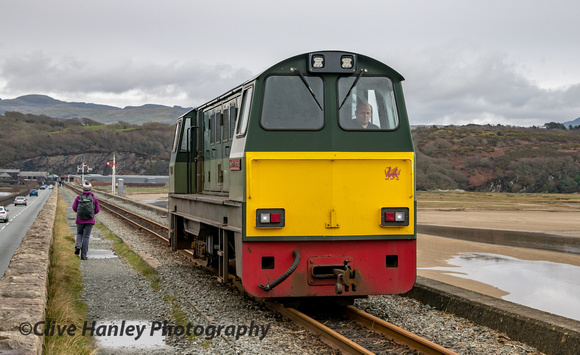 The diesel "Vale of Ffestiniog" approached light engine from Boston Lodge depot