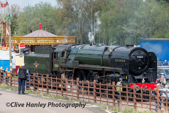 Next to appear was 70013 Oliver Cromwell in the sidings adjacent to the fairground.
