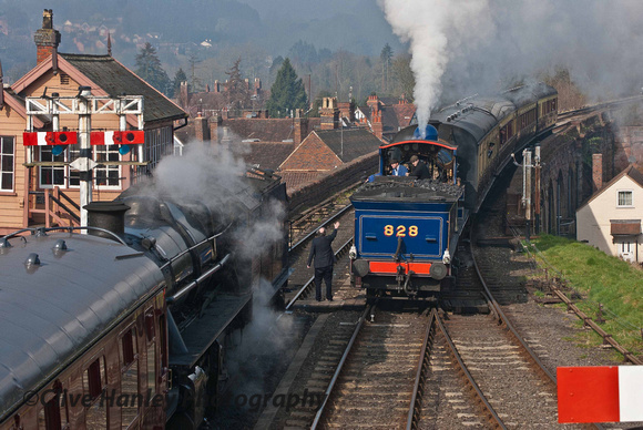 CR 0-6-0 no 828 (57566) arrives at Bewdley with the bobby about to collect the token.