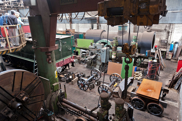 Inside the works. The wheel lathe is in the foreground with associated crane.