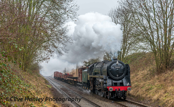Britannia Class 4-6-2 Pacific no 70013 Oliver Cromwell hauls the freight.