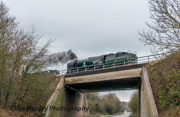 Bulleid Battle of Britain Pacific no 34053 Sir Keith Park crosses the Bewdley by-pass bridge.
