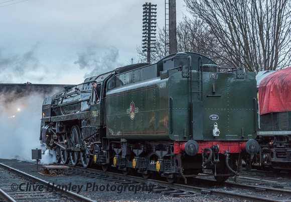Britannia Class 4-6-0 Pacific no 70013 Oliver Cromwell reverses away from Loughborough sheds for it's first duty.