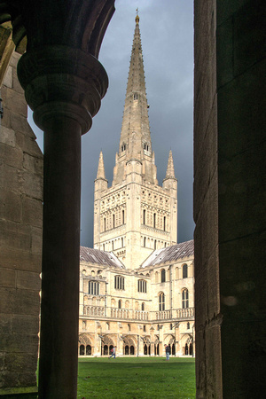 The spire seen through the cloisters.