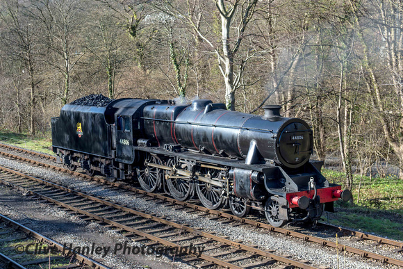 Stanier black 5 4-6-0 no 44806 (previously named Magpie) reverses down towards Llangollen station.