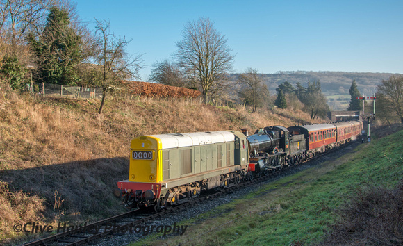 Departing from Winchcombe is a double header of the Class 20 no D8137 & 7820 Dinmore Manor.
