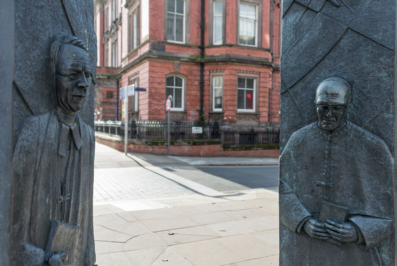 On Hope street are these sculptures of the Catholic and Anglican Bishops of Liverpool