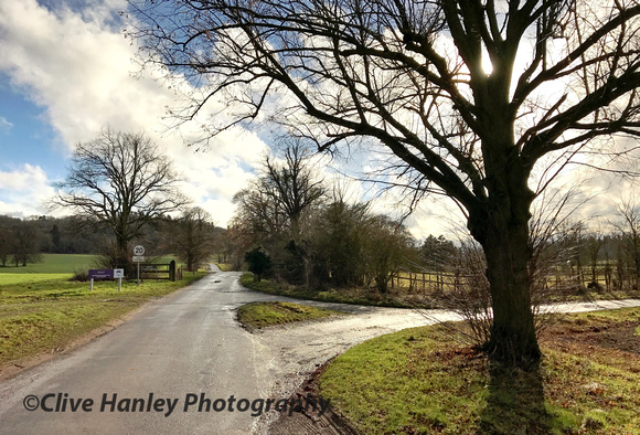 The private road to Walton Hall Hotel continues on. To the right it leads to the river ford.