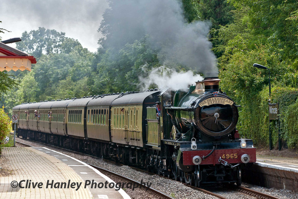 GWR Hall Class 4-6-0 no 4965 Rood Ashton Hall passes slowly through Wilmcote station with the lunchtime Shakespeare Express