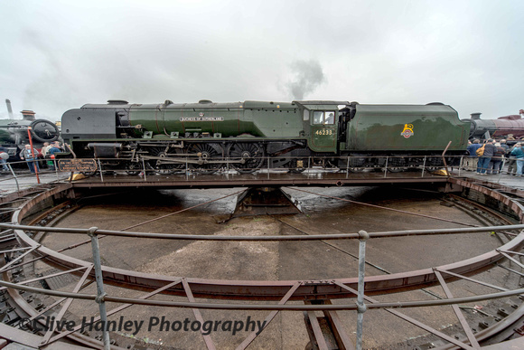 Although on a previous visit to Tyseley 46233 was able to be turned the margin of safety was considered too great and it was simply moved onto and then off the turntable on this occasion.