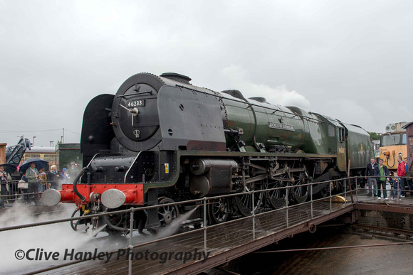 Stanier Coronation Class 4-6-2 no 46233 Duchess of Sutherland moves onto the table.