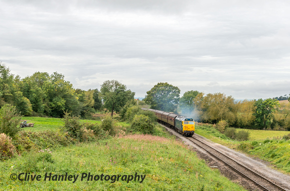 50035 Ark Royal appears around the bend from Gotherington with the 11.10 from Cheltenham.