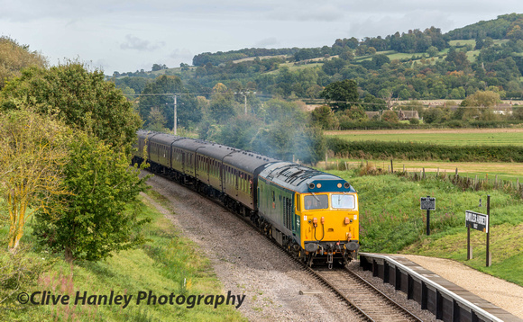 50035 Ark Royal is see powering through Hayles Abbey Halt with the 12.45 from Broadway.