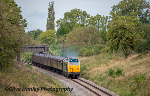 50035 Ark Royal has passed beneath the B4632 bridge at Stanton with the 15.45 from Broadway.
