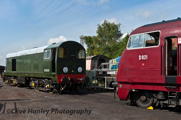 Over at the diesel depot Class 20 no D8059 and Class 42 "Warship" no D821 Greyhound were fired up. Hymek no D7029 in the background.