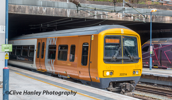 The latest West Midlands Railway livery adorns unit 323216