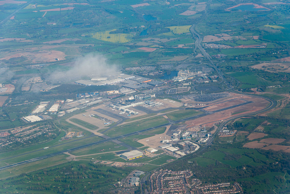 Flying past Birmingham airport BHX. The extension to the runway can easily be seen and the huge diversion that was necessary to the A45 road.