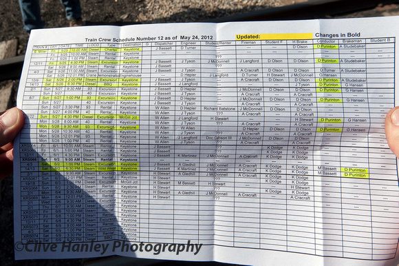 The train crew schedule for the weekend.