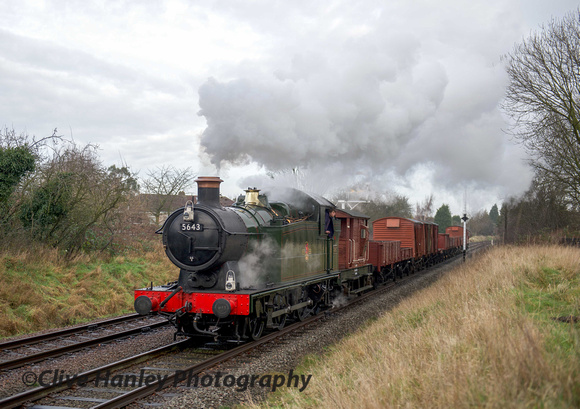 Guest locomotive was ex GWR 0-6-0 no 5643 and is seen passing the signals at Charnwood Water with the freight.