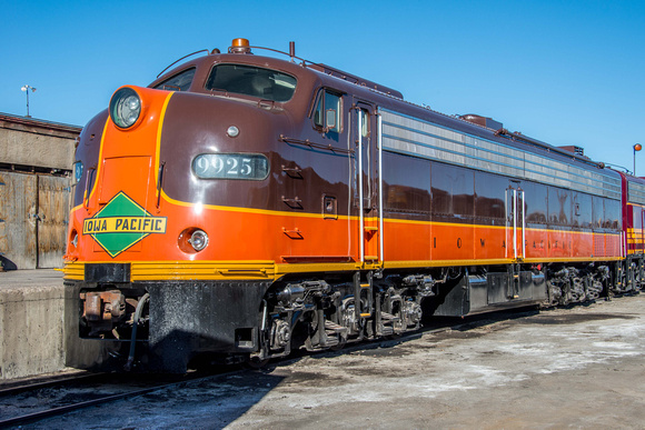 Iowa Pacific Railroad no 9925 sits in the yard at Alamosa.
