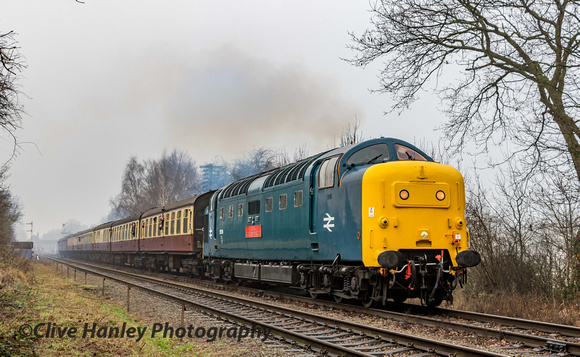 Having managed to start the Deltic 55019 "Royal Highland Fusilier" it is seen south of Quorn