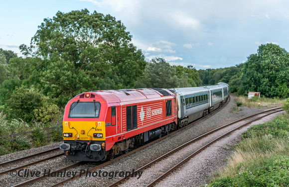Class 67 DB Schenker liveried no 67019 Keith Heller heads north at Hatton with the 17.02 ex London Marylebone.