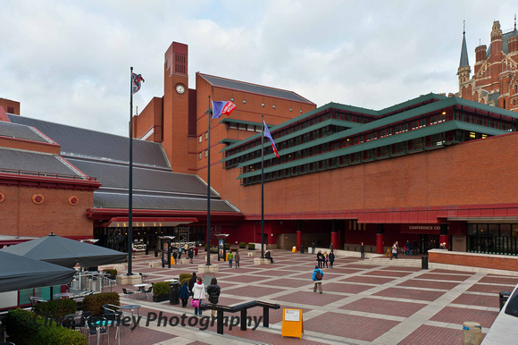 The British Library main entrance with St Pancras creeping into shot.