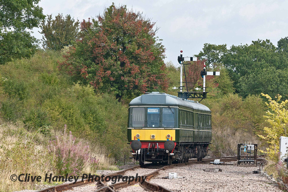 The DMU heads away towards Stanway viaduct and the temporary terminus at Laverton