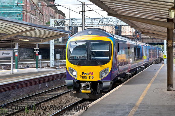 The 16.10 train from Blackpool North to Manchester Airport formed by unit 185119 arrives into platform 3