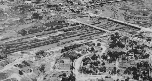 An aerial view of the roundhouse and depot at Pueblo.