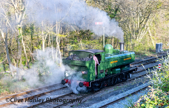 GWR 0-6-0 pannier tank loco no. 7754 was seen as it exited the shed road.