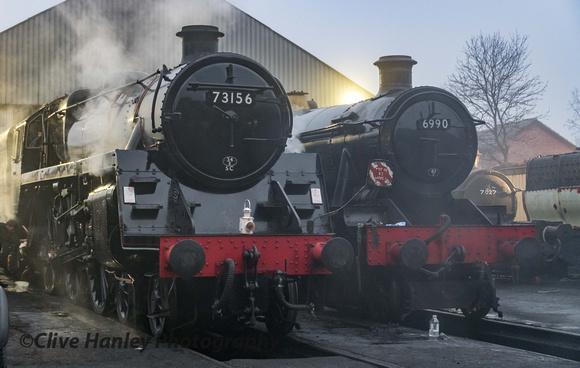 Outside the shed were Standard 5 no 73156, Hall Class 4-6-0 no 6990 Witherslack Hall and the boiler from 7027