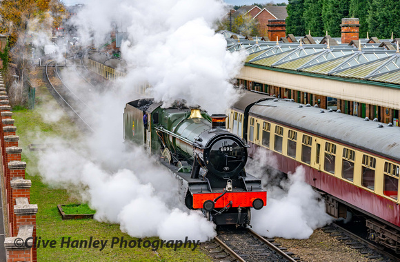 Collett/Hawksworth Modified Hall Class 4-6-0 no 6990 Witherslack Hall moves off shed.